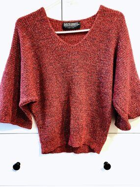 Vintage David Brett Red Dolman Sweater Soft Knit Glitter Accent M Medium